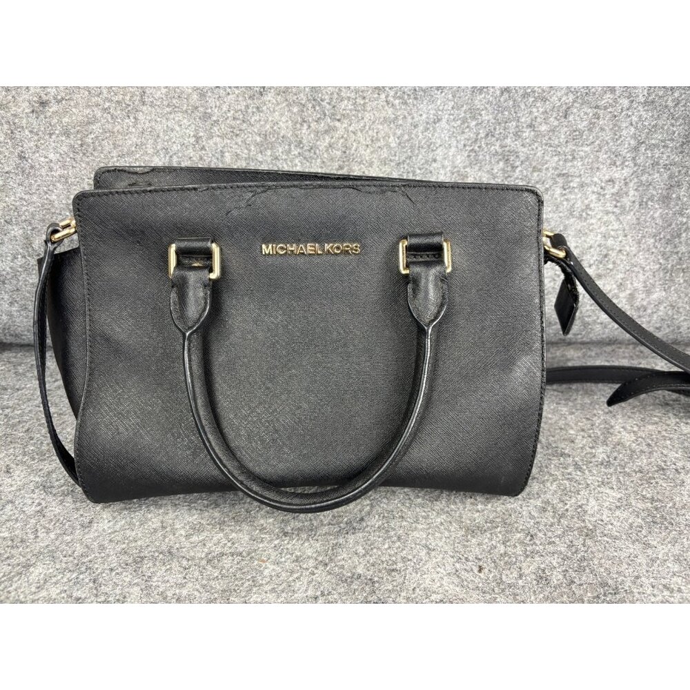 Michael Kors Selma Black Saffiano Leather Large‎ Satchel Crossbody Shoulder Bag
